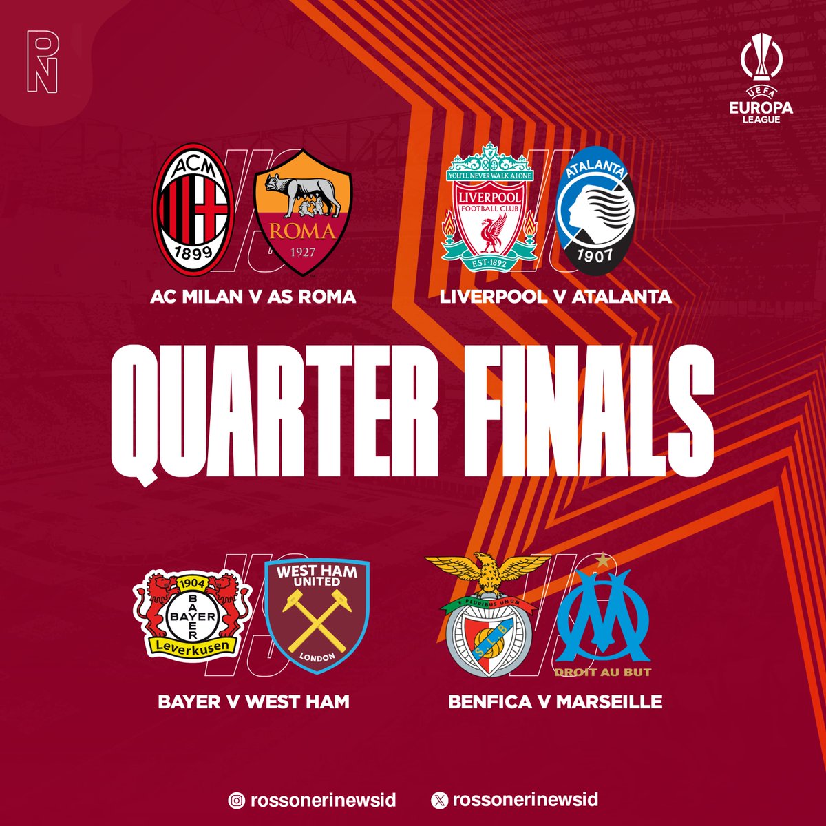 UEFA EUROPA LEAGUE DRAW 🔥
Pada tanggal 12 April AC Milan akan lebih dulu menjamu Roma di San Siro. Setelah itu, seminggu kemudian giliran Roma yang menjadi tuan rumah di Olimpico.

Bayer Leverkusen atau West Ham sudah menunggu di Semifinal nih❗️