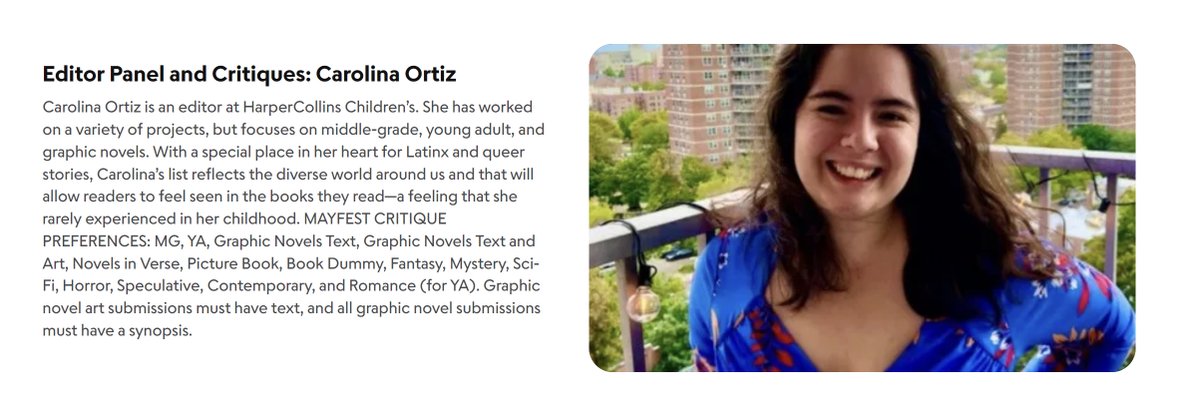 Carolina Ortiz @pushthepanorama Editor at @HarperCollinsCh is on MayFest faculty. Listen to her insights - Zoom May 4th 9 AM - 1PM PT. Recording available for 30 days after it. scbwi.org/events/mayfest… #scbwi #childrensbooks #writingtips #kidlit #kidlitart #mglit #yalit #books