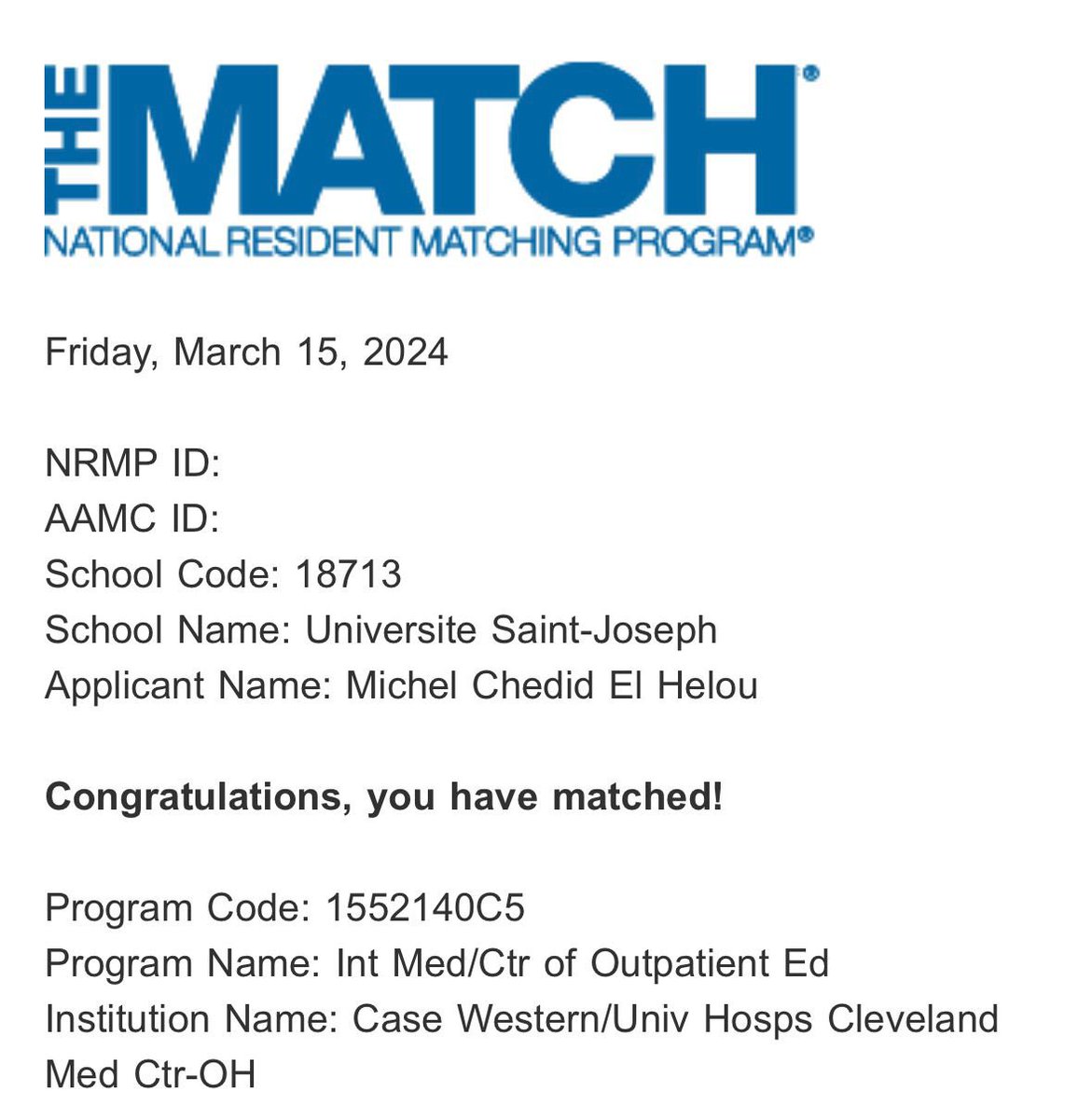 Super excited to have matched at the amazing @CaseUHmed @UHhospitals for IM Residency! 🩺🏥 Beyond grateful for everyone who made this possible, including my mentors and colleagues at @ClevelandClinic, my dear friends, and my family ❤️ Looking forward to this new chapter!