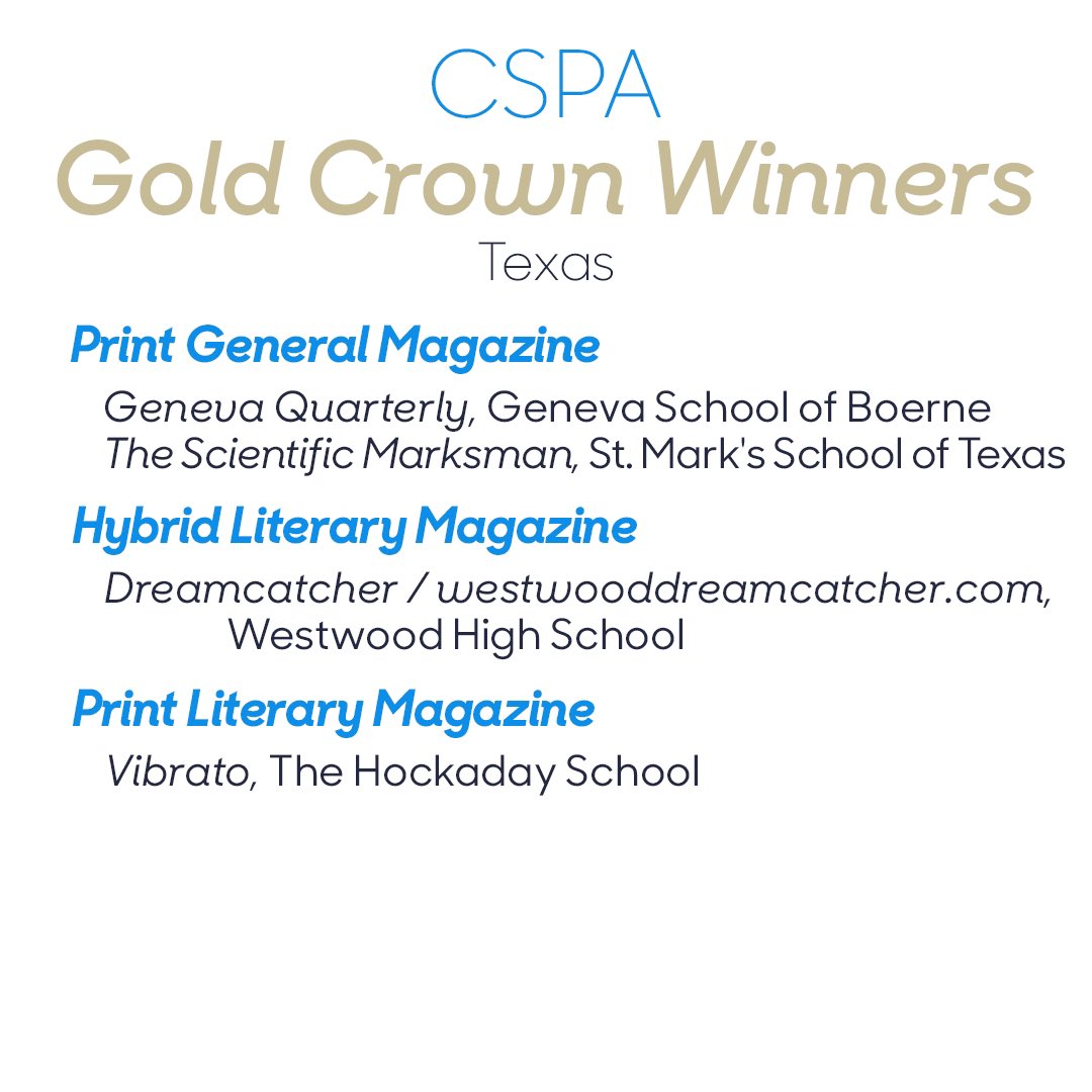 Congrats to all of our Texas schools who were awarded Gold Crowns by CSPA today. We are so proud of all the dedication and hard work that goes into your programs! @CSPA