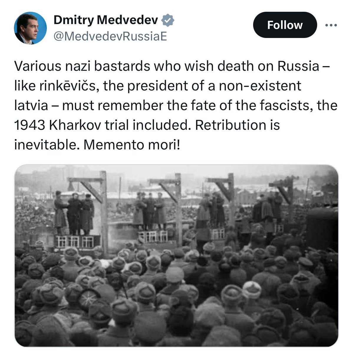 Hey @elonmusk proud of your Russian buddy threatening to kill the head of a state that has dared oppose Russian Nazism? If the account of the genocidal dwarf Medvedev is not suspended, we will rally EU support for action against the enablers of Russia that run this platform.