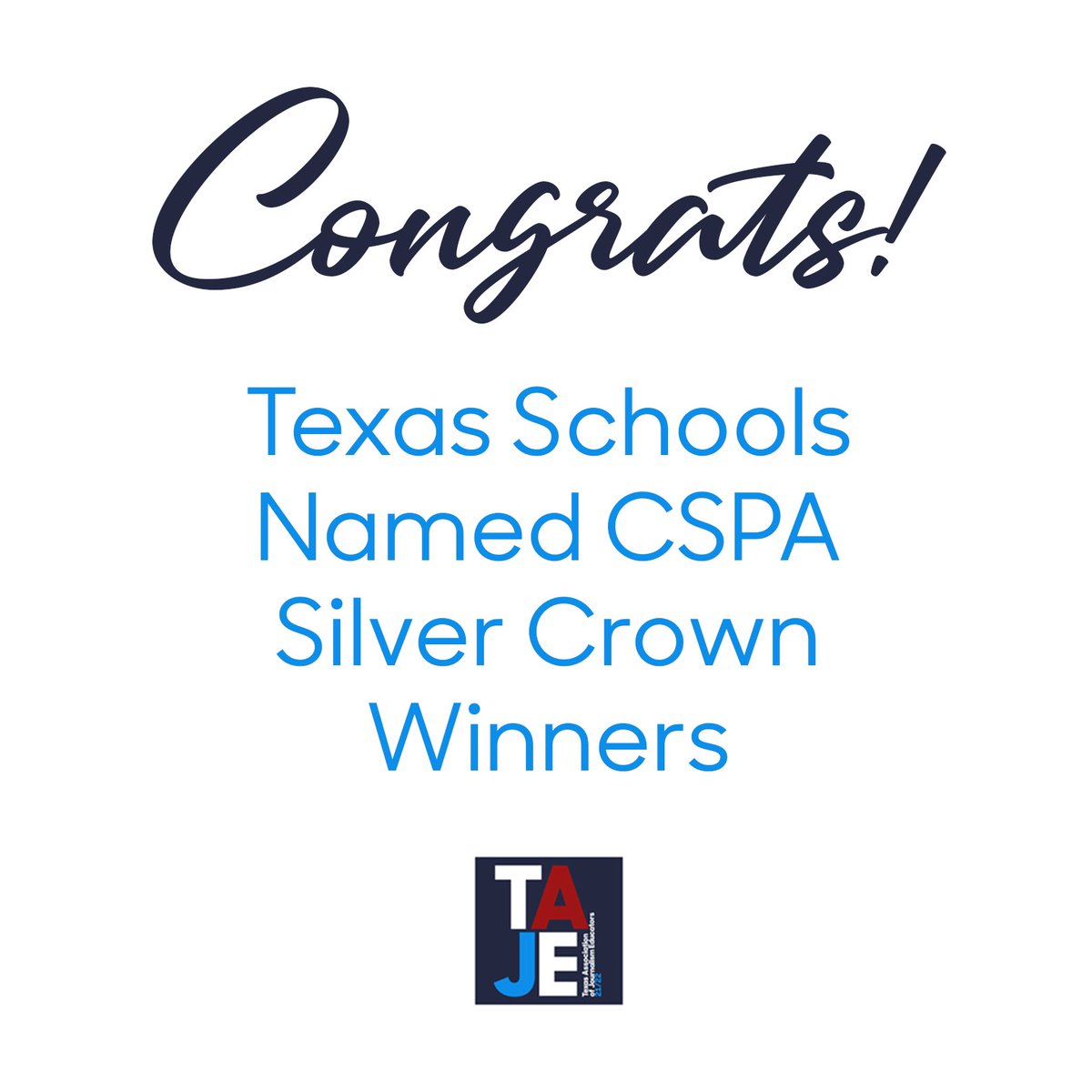 TxAJE's tweet photo. Congrats to all of our Texas schools who were awarded Silver Crowns by CSPA today. We are so proud of all the dedication and hard work that goes into your programs! https://t.co/rsXrlY0O70