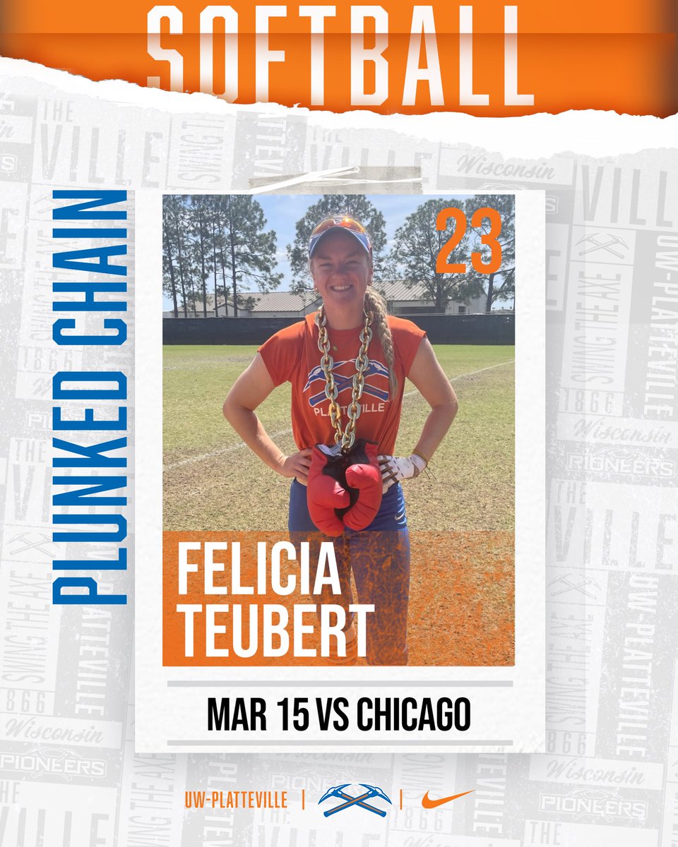 UWPlattSoftball's tweet photo. On our last day in Florida, Mia Savage earns the Dinger Drip and Felicia Teubert earns the Plunked Chain! 

The team went 2-0 today, finishing 8-2 overall this week. We will be back to action on March 24th for our home opener! 

#SwingTheAxe
#uwplatteville 
#UWPlattevilleSoftball https://t.co/LKXkRerSgX