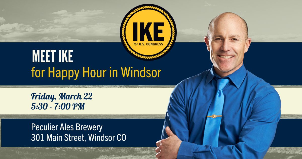 Join Ike McCorkle for happy hour at Peculier Ales Brewery in Windsor CO on Friday, March 22 from 5:30 - 7:00 PM. Each registrant will get one free drink ticket. Pre-registration is required for drinks, but anyone may attend. Register now at mobilize.us/ike4co/event/6….