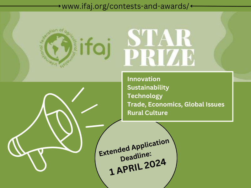 IFAJ STAR PRIZE 2024 - Extended Application DEADLINE: 1 APRIL 2024 Be the IFAJ Star Prize Journalist of the Year 2024! Don't miss your chance and apply today. More information and application forms: ifaj.org/contests-and-a…