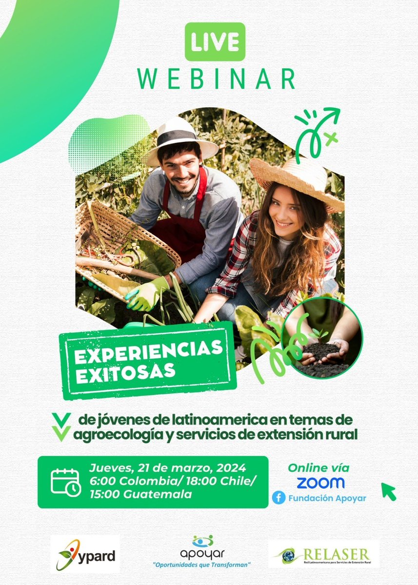 Te invitamos a participar en el conversatorio 🎙️'Experiencias exitosas de jóvenes en Latinoamérica relacionadas con agroecología y servicios de extensión rural' 🌾🌎 🗓️Jueves 21 de Marzo 🕑16:00 Col /18:00 Chi / 15:00 Gua Inscríbete en 🔗 forms.gle/LkVcmLvLzBVDLD… ⬇️