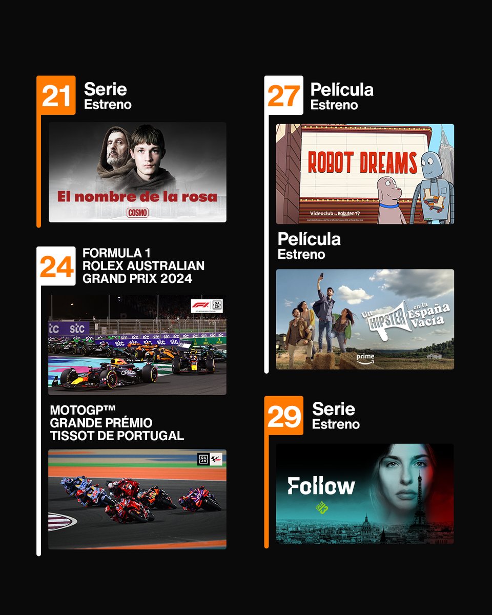 OrangeTV_es's tweet photo. ¡Toma nota! Aquí te traemos las novedades de #OrangeTV! 📺 para la segunda quincena de marzo. ¡No vas a querer perderte ni uno! 😜✨ 

#EstrenosPeliculas #EstrenosSeries #EstrenosNetflix #EstrenosPrimeVideo #EstrenosDisneyPlus #estrenosmarzo https://t.co/tXs4MatVFF
