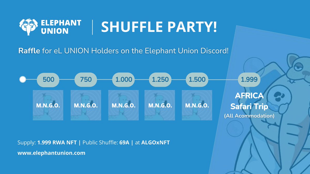 Elephant_Union's tweet photo. PUBLIC SHUFFLE IS LIVE! 
Link: https://t.co/I01WiA0C3r

In the public shuffle at @ALGOxNFT , we finally announce this, enjoy eL. Let's party, be the first to gain access to the raffle!

#Algofam #Algorand #AlgorandNFTs https://t.co/Pun25vjH28