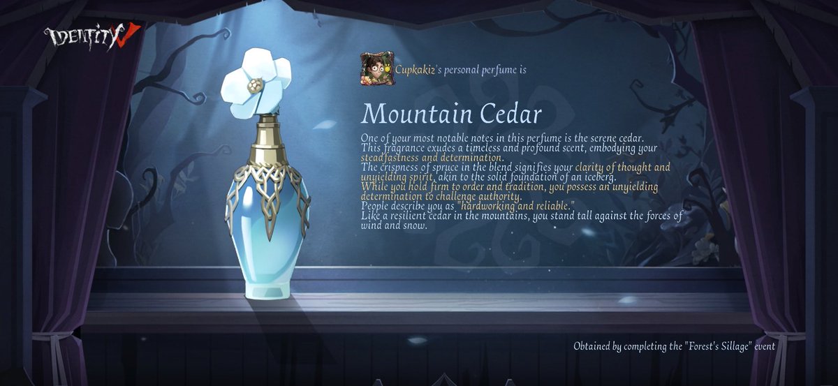 dedcatzz's tweet photo. I created the [Mountain Cedar] perfume in the "Forest's Sillage" event!#ForestSillage#IdentityV https://t.co/kSnxpWfptL