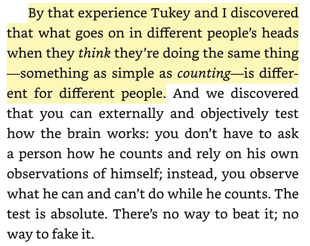 Since we're doing this again... Feynman wrote about his discovery that John Tukey, a brilliant mathematician (inventor of the FFT), had no internal monologue