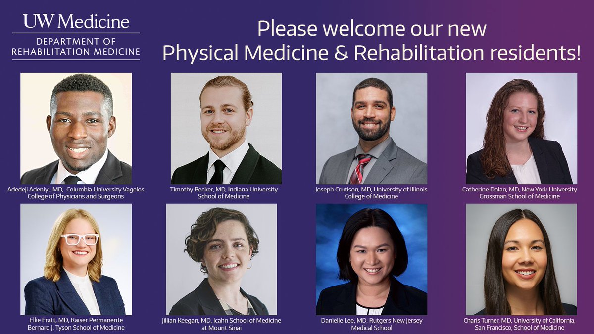 We are thrilled to welcome our new UW PM&amp;R Class of 2028! 
Adedeji Adeniyi, MD; Timothy Becker, MD;  Joseph Crutison, MD; Catherine Dolan, MD; Ellie Fratt, MD; Jillian Keegan, MD; Danielle Lee, MD; Charis Turner, MD. 
#Match2024 #physiatry #residency <a href="/UWMedicine/">UW Medicine</a>