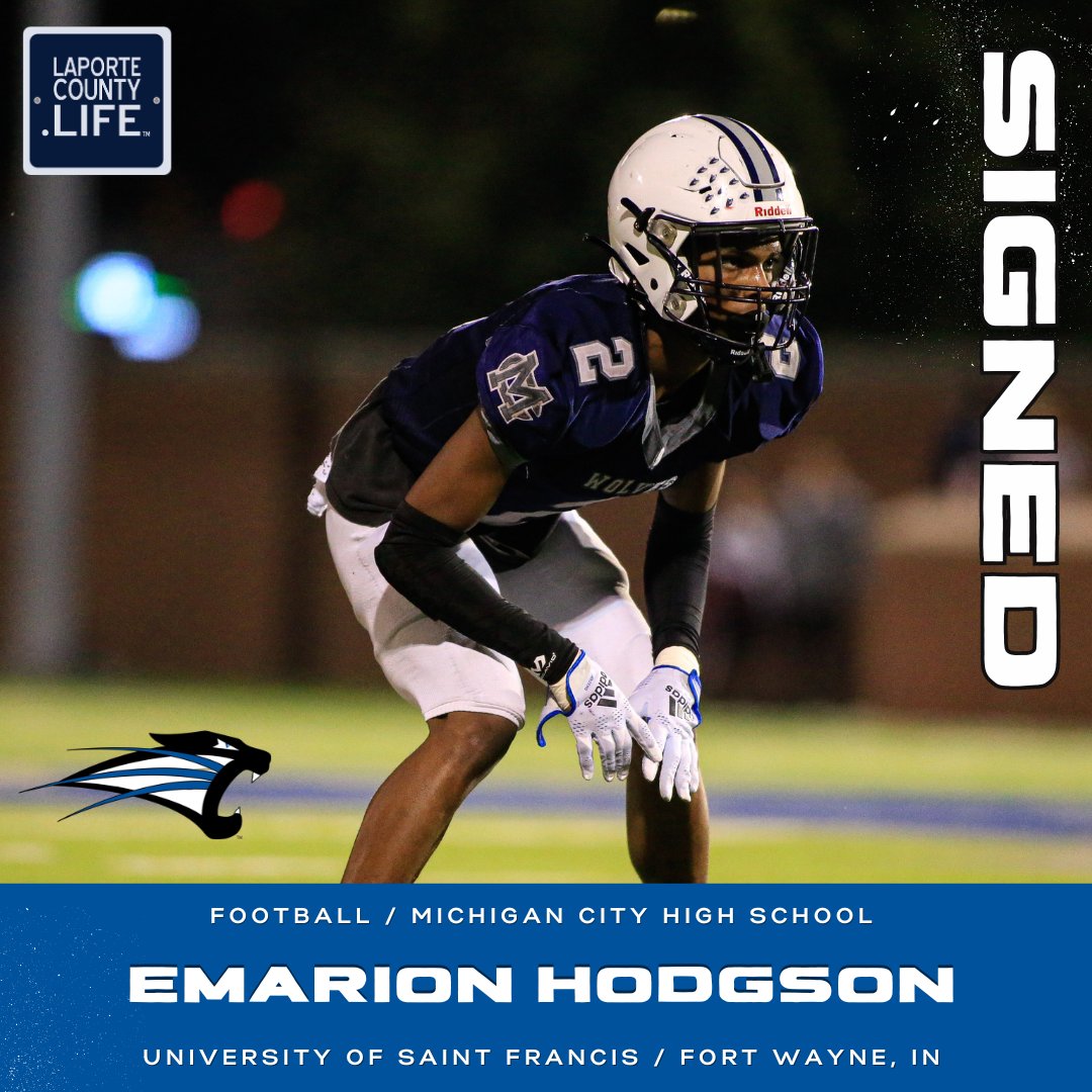 Congratulations to Emarion Hodgson for taking a big step in his life and signing the national letter of intent. Hodgson will be continuing his football career at @USFFW! @MichCityWolves