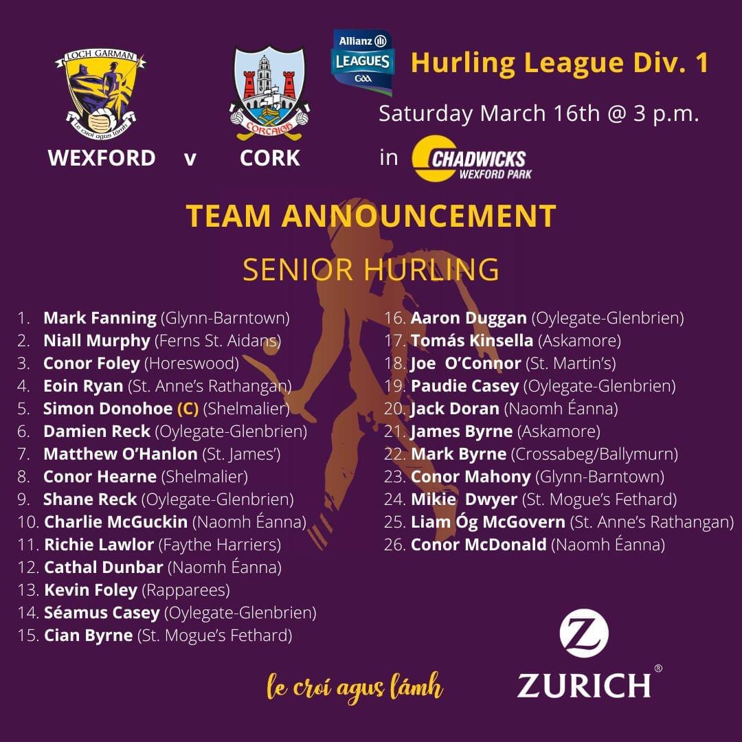 The Wexford team to play Cork has been named.
The starting 15 may be the same,
but Liam Òg McGovern and Conor Macdonald are included in the squad for the first time this year.

#Wexford #cork #hurling #gaa #allianzleagues