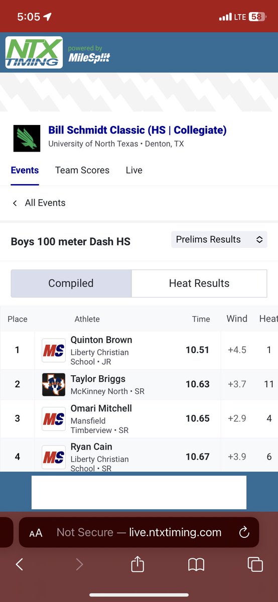 A couple of PRs today in the 100 meters <a href="/UNT/">UNT</a> Track meet today. Great job by <a href="/OffTaylorBriggs/">Taylor</a> Unsigned senior at McKinney North High School!  College coaches he has run 48.61 400 m, 21.63 200m. Still looking for a home next fall!