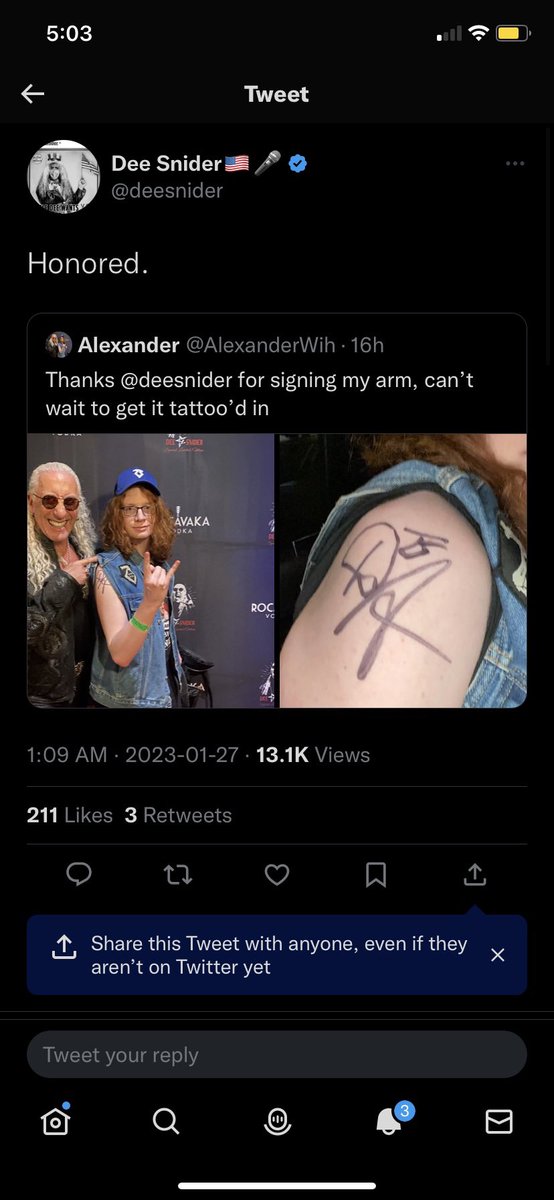 AlexanderWih's tweet photo. @deesnider it took over a year but I finally got your signature tattoo’d into my arm

#SMFforlife https://t.co/TWcf8cKudg