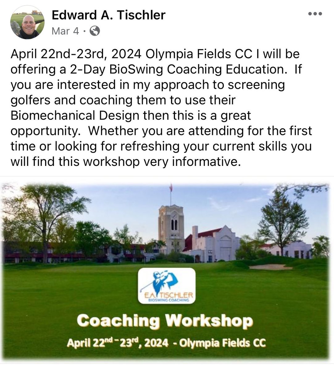 EATischler's tweet photo. Olympia Fields CC, April 22nd &amp; 23rd I’m hosting a 2-Day coaching workshop! Expand your coaching skills and help your student learn more efficiently! Register early and receive a discount.  Use coupon code: bsgcaoch2a for a $75 discount! https://t.co/iR0Krwk6D9