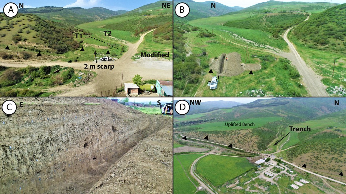 I'm excited to share that our paleoseismic study from the Greater Caucasus frontal thrusts in Azerbaijan is now published open access in Tectonics: doi.org/10.1029/2023TC… @OxUniEarthSci @QuakesCentAsia @RichardThomasW 🧵