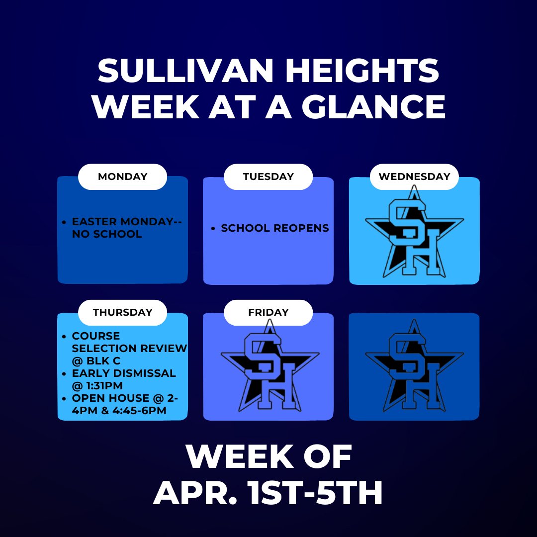 Sullivan Heights schedule for the upcoming week of April 1st-5th.

Hope you have a wonderful Spring Break and enjoy the nice weather! ⭐️

#sullistars #sulliweekataglance