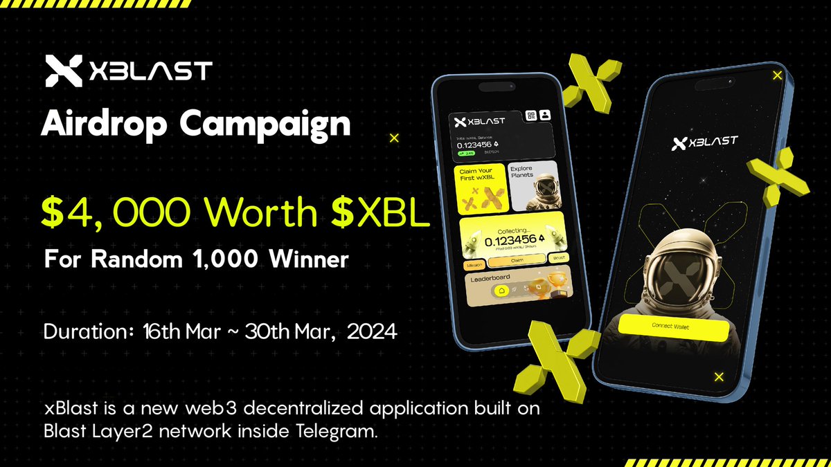 🚀 @xblast_app New generation Telegram Dapp launched on @Blast_L2

🪂 xBlast #Airdrop 
🎁 Airdrop Pool: $4,000 Worth $XBL
🏆 Winner: 1,000 Random + Top 50 Referral 
📅 End date: 30th Mar, 2024

🔗 Airdrop Link: t.me/xBlastAirdropB…

#Airdrops #Blast_L2 #xBlast $wXBL #BTC $SOL