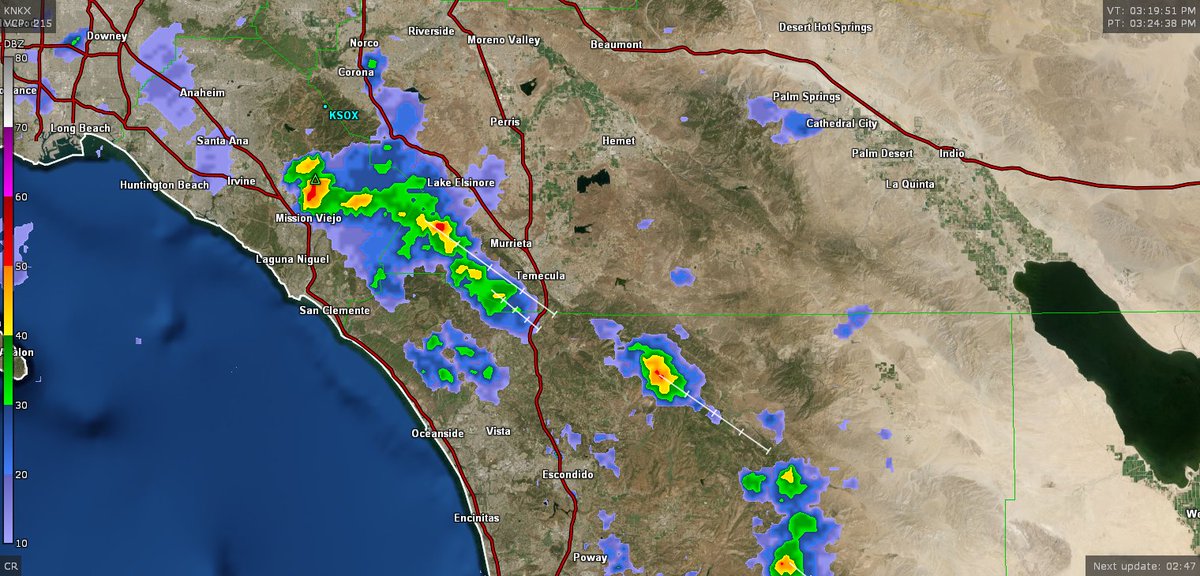 NWSSanDiego's tweet photo. 325 pm radar update, isolated showers and thunderstorms with localized heavy rain forming over the Santa Ana mountains and Palomar mountain #cawx #socal with cells moving north to south https://t.co/Iok7yqZDTJ