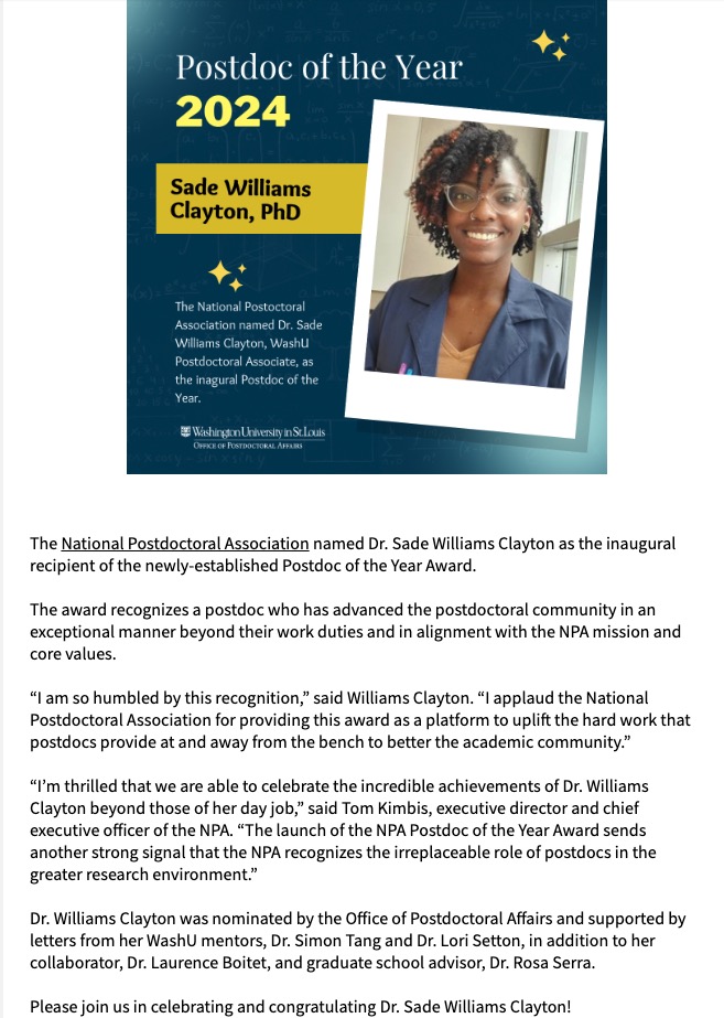 WUTangLab (@simonytanglab) on Twitter photo Hot off the press! <a href="/SadeWill93/">Dr. Deezy (Sade W. Clayton, PhD)</a> of <a href="/wustlcrm/">WashU Center of Reg Med</a> <a href="/WashU_MRC/">WashU MRC</a> just named the <a href="/nationalpostdoc/">nationalpostdoc</a> Postdoc of the Year. Highly deserving of this tremendous honor - though not surprising! Congratulations <a href="/SadeWill93/">Dr. Deezy (Sade W. Clayton, PhD)</a>! Hot off the press! <a href="/SadeWill93/">Dr. Deezy (Sade W. Clayton, PhD)</a> of <a href="/wustlcrm/">WashU Center of Reg Med</a> <a href="/WashU_MRC/">WashU MRC</a> just named the <a href="/nationalpostdoc/">nationalpostdoc</a> Postdoc of the Year. Highly deserving of this tremendous honor - though not surprising! Congratulations <a href="/SadeWill93/">Dr. Deezy (Sade W. Clayton, PhD)</a>!