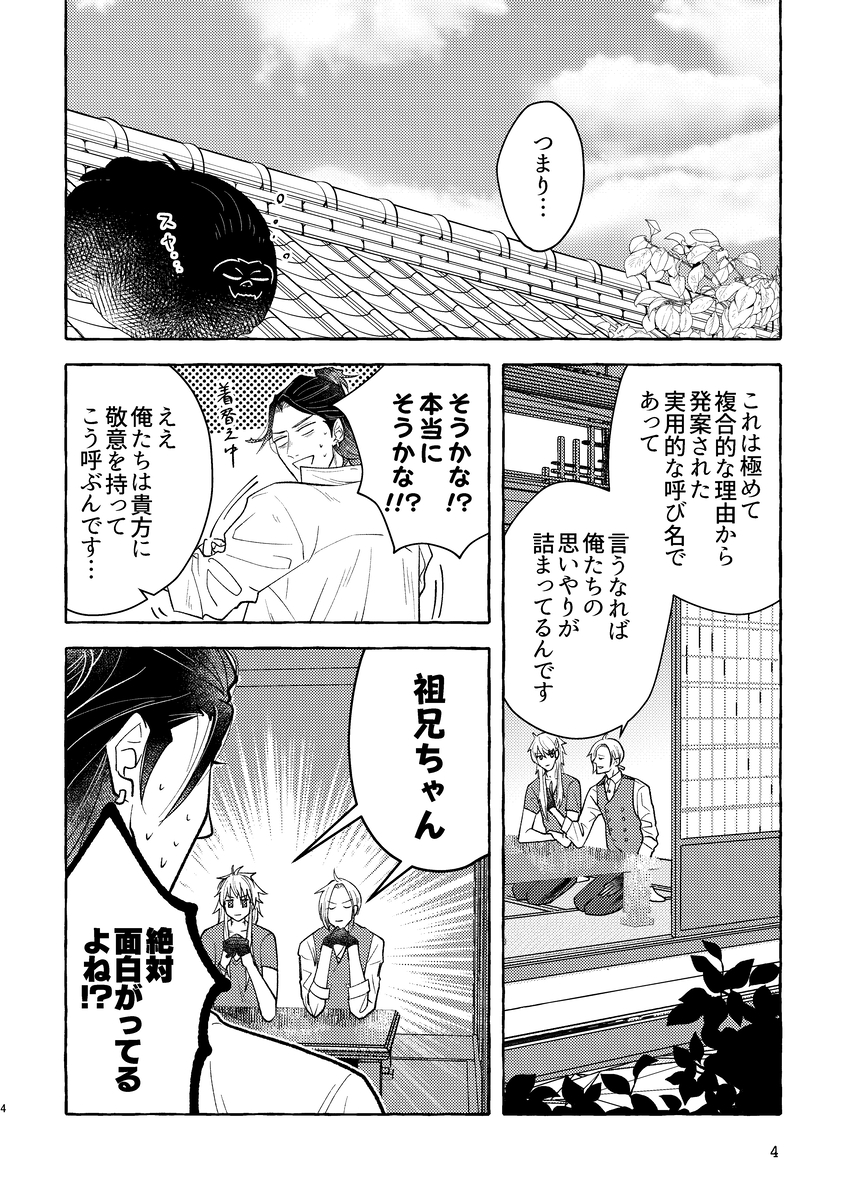 〚春コミ新刊サンプル〛
お兄ちゃんはあきらめない!
A5/本文28P/イベント頒布価格 ¥500/全年齢ギャグ
お兄ちゃんと呼んで欲しい福島と呼びたくない燭台切。
その仲を取り持とうとする大般若と小竜が奮闘する弊本丸光忠兄弟本です。 (1/3)