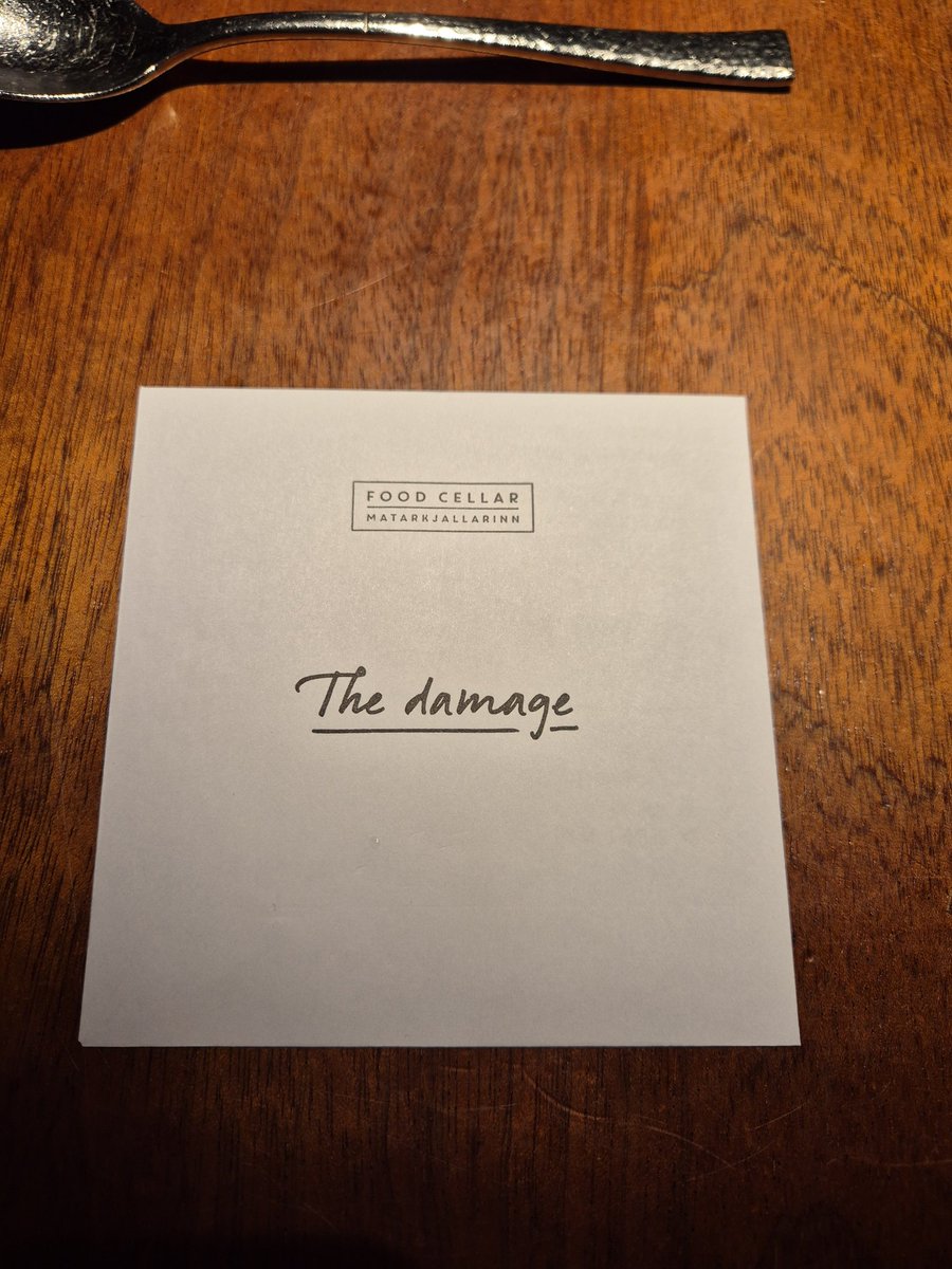 KiwiInBarnes's tweet photo. Love the bill presentation 😆, tasting menu for dinner tonight @matarkjallarinn we were one of 2 tables that were not locals, fabulous 🙏 #FoodCellar #Reykjavík #iceland https://t.co/EJGfiE1nWG