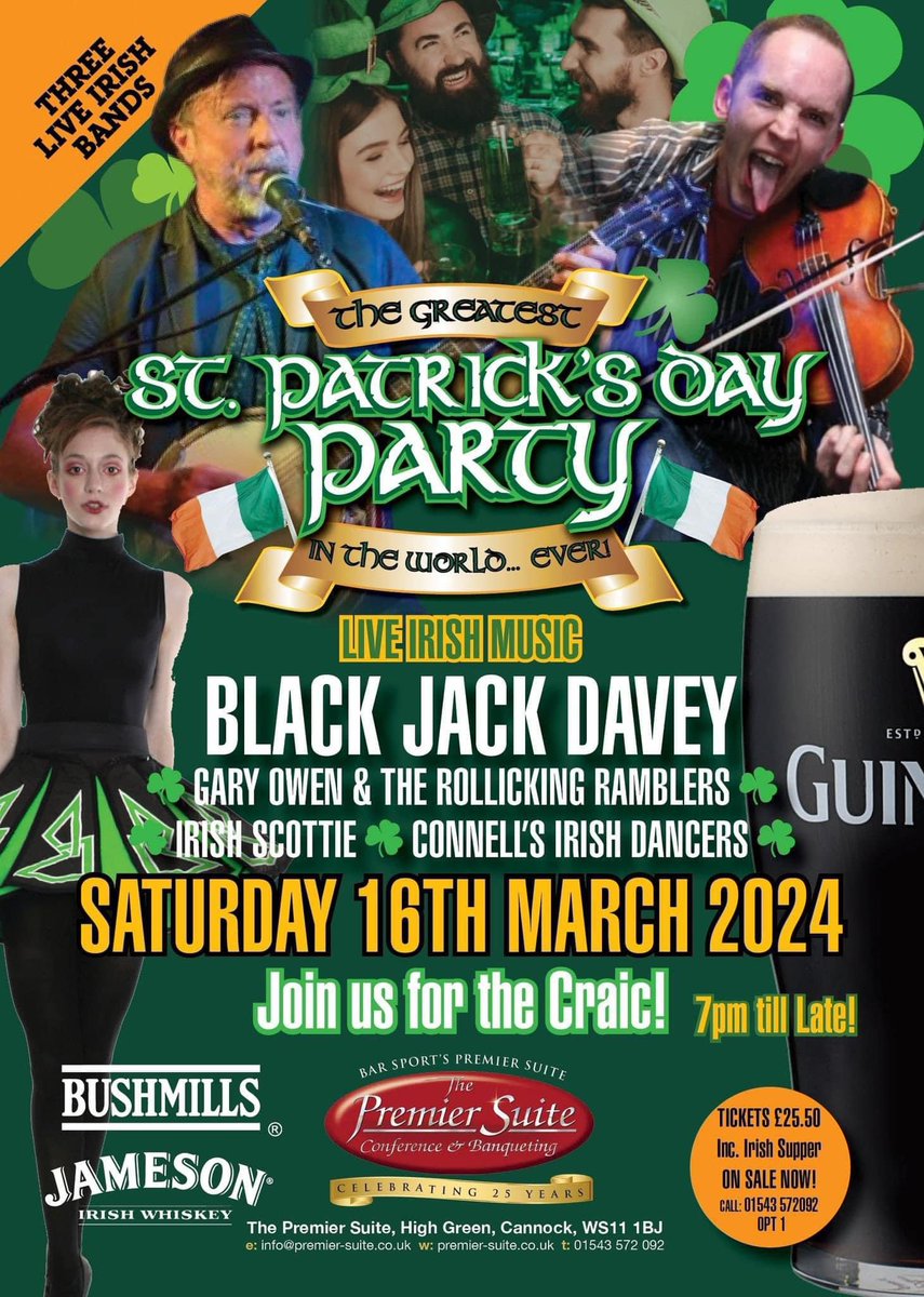 ThePremierSuite's tweet photo. ☘️ The Craic this St Pats Weekend at Cannock’s Little Ireland 🇮🇪
@Barsport & @ThePremierSuite
#StPatsWeekend #PaddysDay
#LiveIrishTrad #TheCraic #LiveIrishMusic #Cannock #Staffs https://t.co/GakA1zyb9W