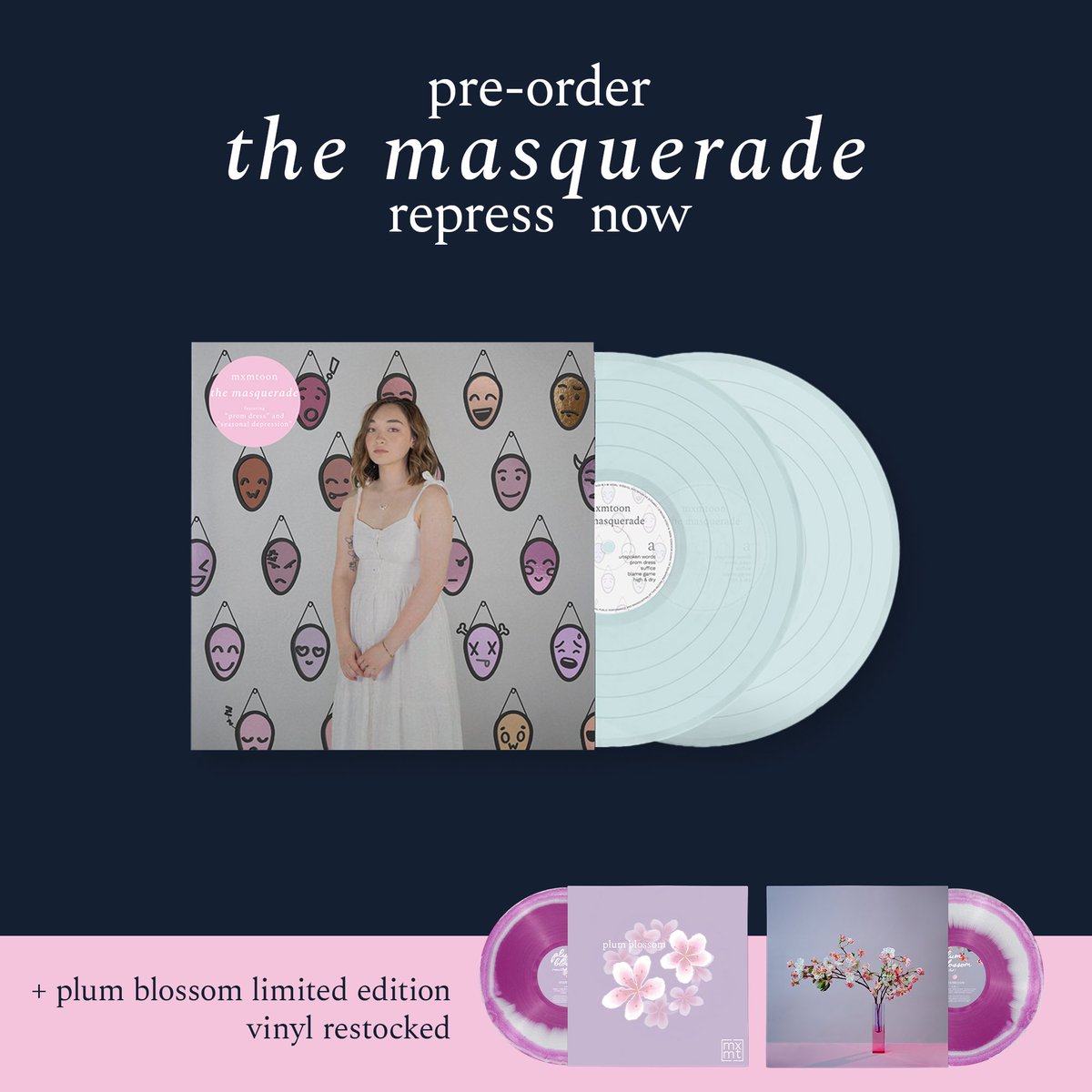 new spring line just dropped and my vinyl repress of the masquerade is available for pre-order now!! 😊 mxmtoon.os.fan