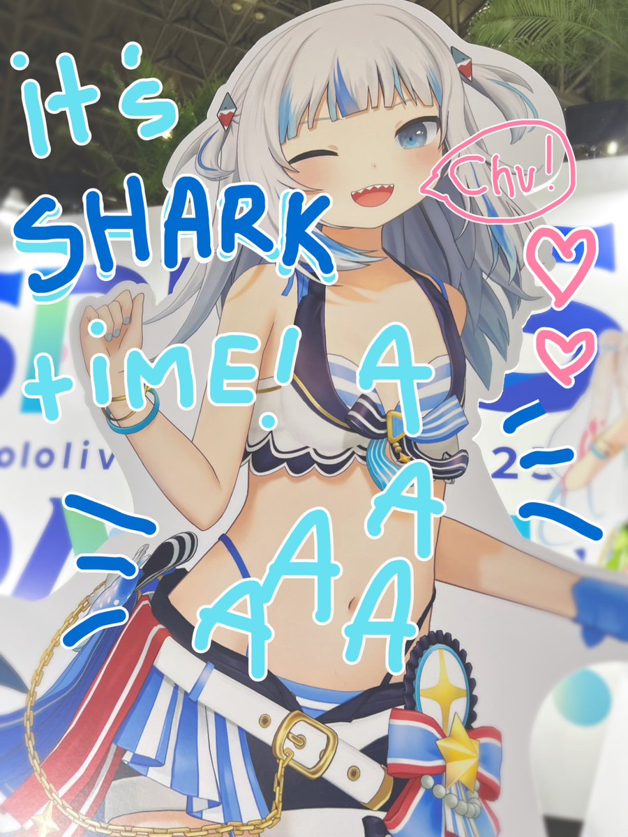 gawrgura's tweet photo. its time!!!! 
i ran around signing everything i could!! i hope you find them all 💙🐟
and!! have fun today you guys, i will see you tonite!! AAAA !! 💙✨ 
#hololivefesEXPO24 https://t.co/TqMsHyQB67