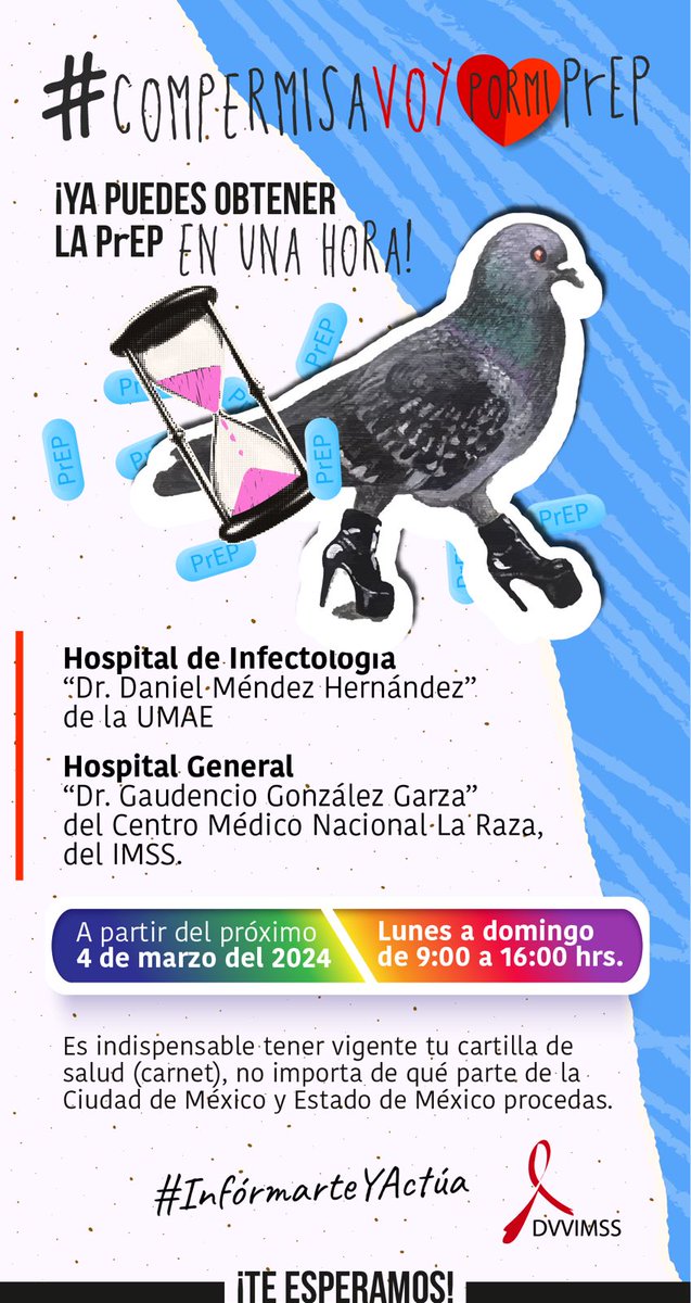 DVVIMSS's tweet photo. Te recordamos, en el hospital de infectología del CMN La Raza, de @Tu_IMSS, arrancó el programa de la #PrEP en una hora. Recuerda que es de lunes a domingo, de 9:00 a 16:00. Es importante contar con tu carnet de citas y estar vigente. ¡¡Te esperamos!!  #CompermisaVoyPorMiPrEP https://t.co/Ogug4ZgFIi