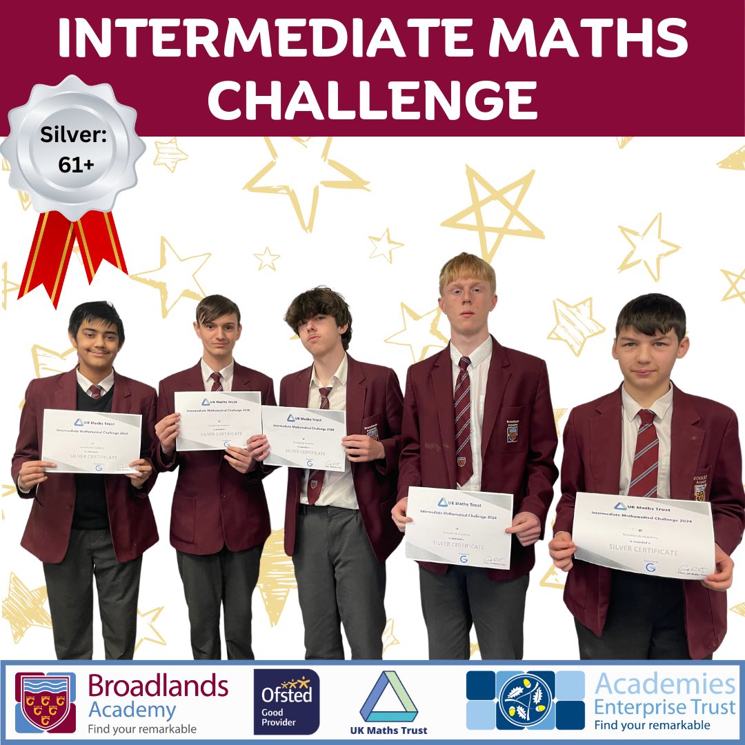 LiftBroadlands's tweet photo. Congratulations 🙌 
We are very proud of our year 11 students that took part in the UK Intermediate Maths Challenge. Of the 28 students that participated, 16 were graded in the 50% and walked away with bronze, silver and gold certificates. 
#oneaet #imc2024 #ukmt #mathschallenge https://t.co/RjX32Eobdr