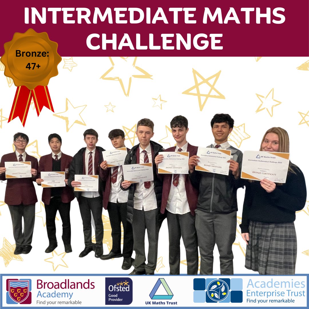 LiftBroadlands's tweet photo. Congratulations 🙌 
We are very proud of our year 11 students that took part in the UK Intermediate Maths Challenge. Of the 28 students that participated, 16 were graded in the 50% and walked away with bronze, silver and gold certificates. 
#oneaet #imc2024 #ukmt #mathschallenge https://t.co/RjX32Eobdr