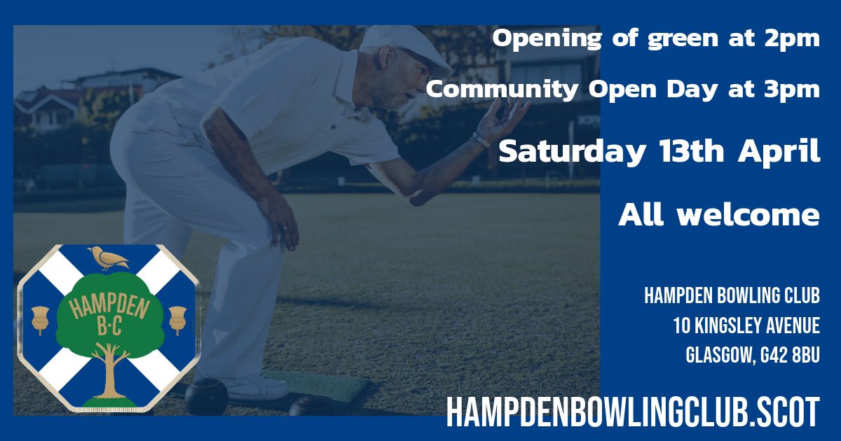 Hampden Bowling Clubs Open day will be Saturday 13th April. Everyone welcome to come along from 2pm 1 - fellow bowlers. 2 - football fans - who wants to know the history of the site we sit on. @Fitba150 @Hampdeners 3 - local community . This