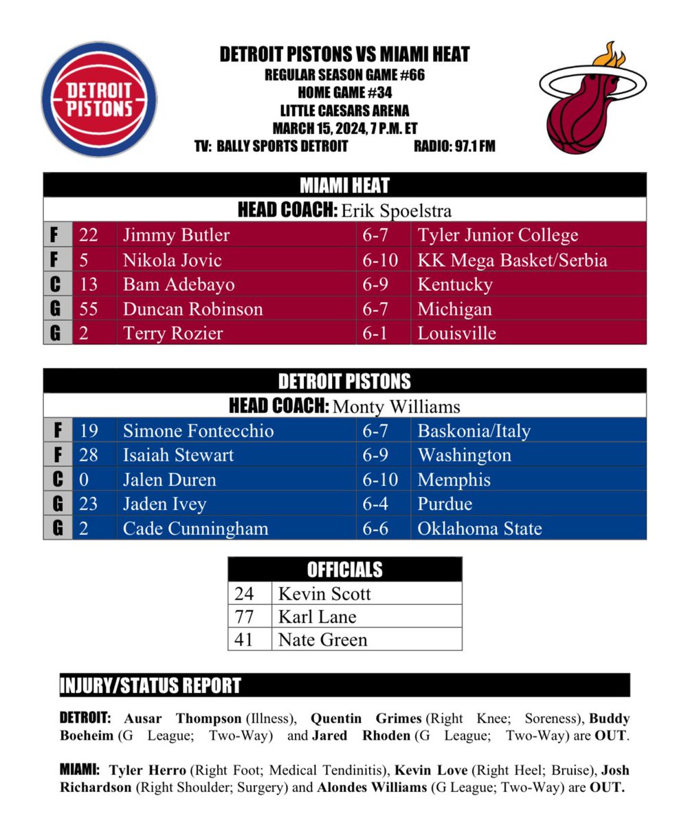 Tonight’s starting lineups for the @DetroitPistons and Miami Heat: