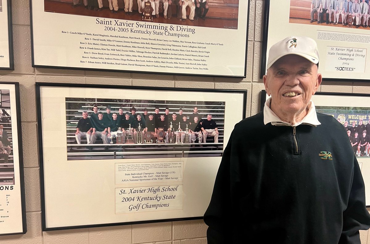 Coach Marty Donlon poses in front of one of his 18 State Championship teams…thanks for the history lesson, Coach!
