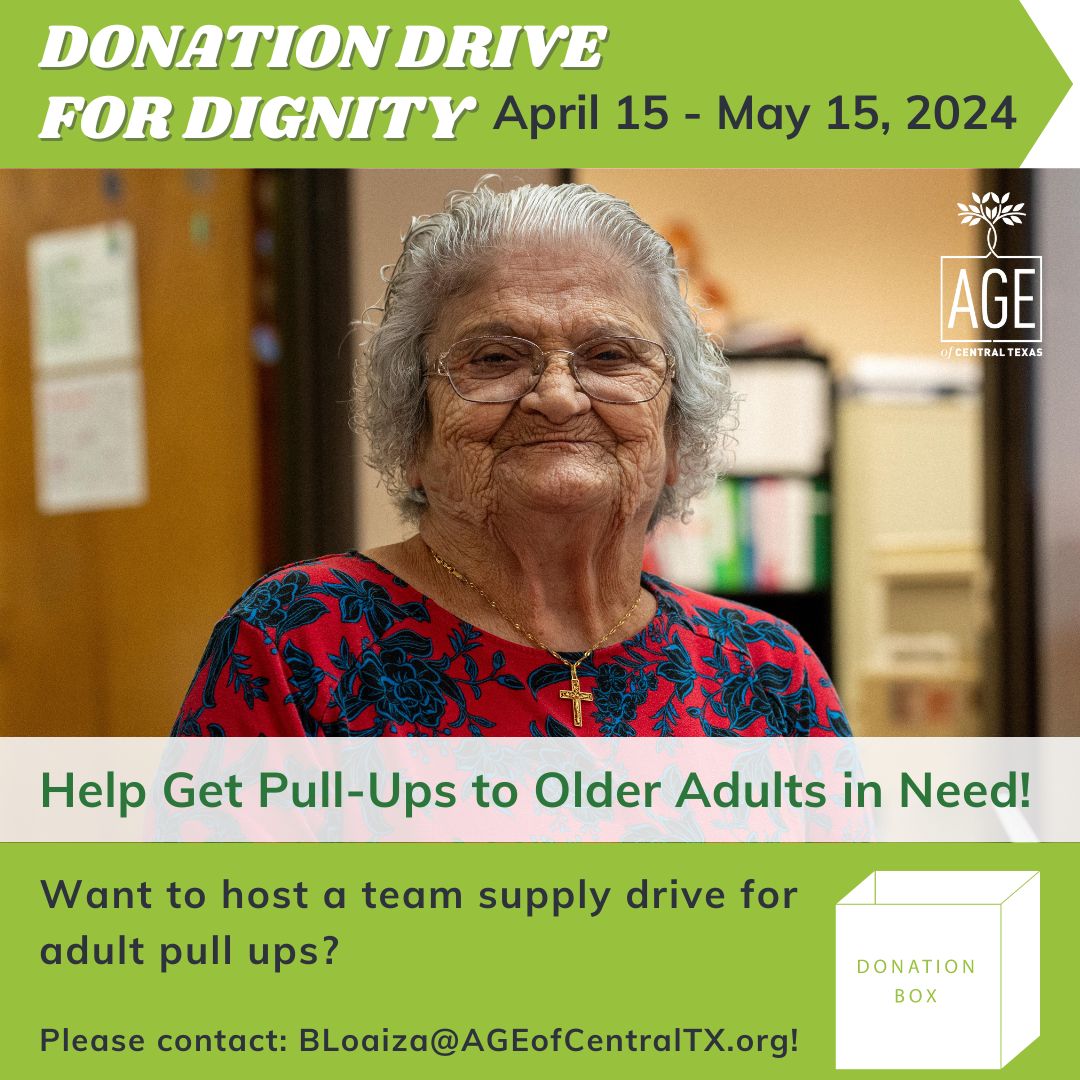 Join AGE's Donation Drive for Dignity Team Supply Drive! Help collect adult pull-ups for low-income older adults, promoting dignity and well-being. Lead a team, create positive change, and enjoy a toolkit with social media images, email templates, and more! #DignityDrive #AGE
