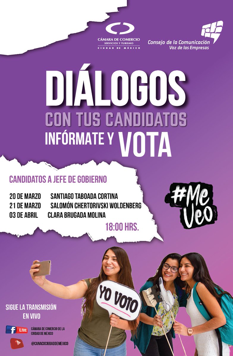 No te pierdas los díalogos con los candidatos a jefe de gobierno y conoce sus propuestas para que puedas tomar una decisión informada. #MeVeo #DiálogosJuveniles #Diálogoscontuscandidatos #VotoConsciente #TuVotoSíVale #VotoInformado #EleccionesCDMX <a href="/CANACOMexico/">CanacoCDMX</a>