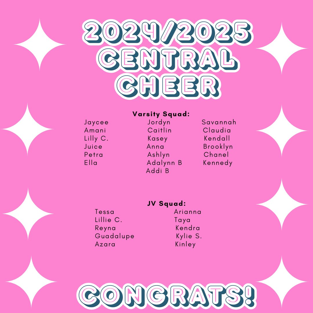 Congrats to the following athletes for the 2024/2025 cheer season!! We are so excited for the season!

Reminder: Parent/athlete meeting Tuesday, March 19 at 6:00 pm in the CHS Cafeteria!
