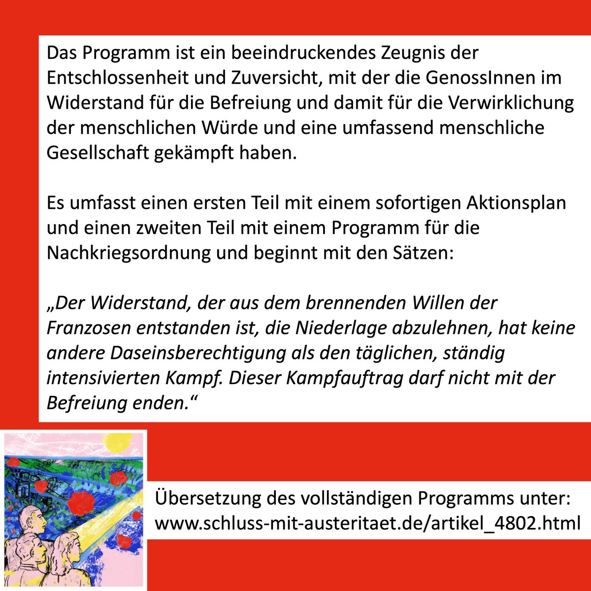 Heute vor 80 Jahren, am 15. März 1944, verabschiedete der Conseil National de la Résistance (Nationaler Widerstandsrat) ein Programm zur Befreiung Frankreichs von d. faschistischen Okkupation + zur sozialen Neugestaltung der Gesellschaft.
Dt. Übersetzung: schluss-mit-austeritaet.de/artikel_4802.h…