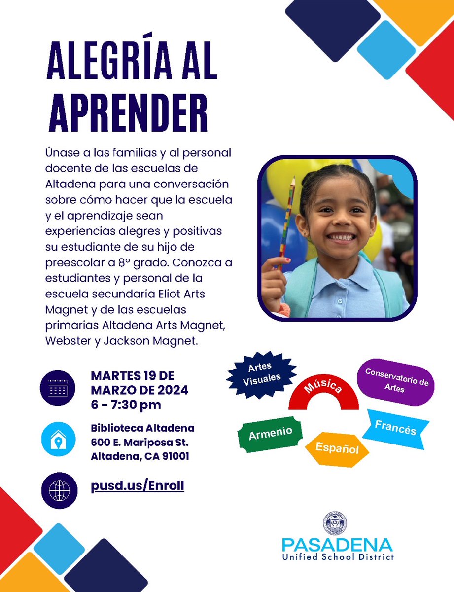 Join us from 6 p.m. to 7:30 p.m. on 3/19/24 for a conversation with #Altadena students, parents, and faculty. Discover the many options for your preK - 8 grade student. #Altadenaartsmagnet, #jacksonSTEMduallanguagemagnetacademy, #websterelementaryschoolpasadena, #eliotartsmagnet