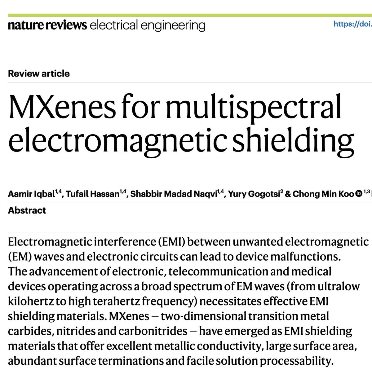 Together with Chong Min Koo's team, we reviewed applications of @2dMxenes for multispectral electromagnetic shielding. Here is a link to the full-text view-only version of our paper: rdcu.be/dBkGr