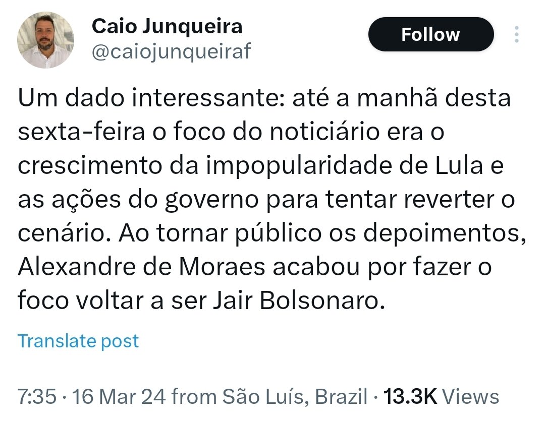 kimpaim's tweet photo. Tragam um Pulitzer para essa lenda do jornalismo.

Isso aqui no mínimo merece um prêmio Jabuti. Um "jênio" que conseguiu mostrar oq ninguém viu...

Se ele não falasse, eu não perceberia que consórcio deixou de falar e passar pano pro Lula. https://t.co/Xya9ZZCUx6