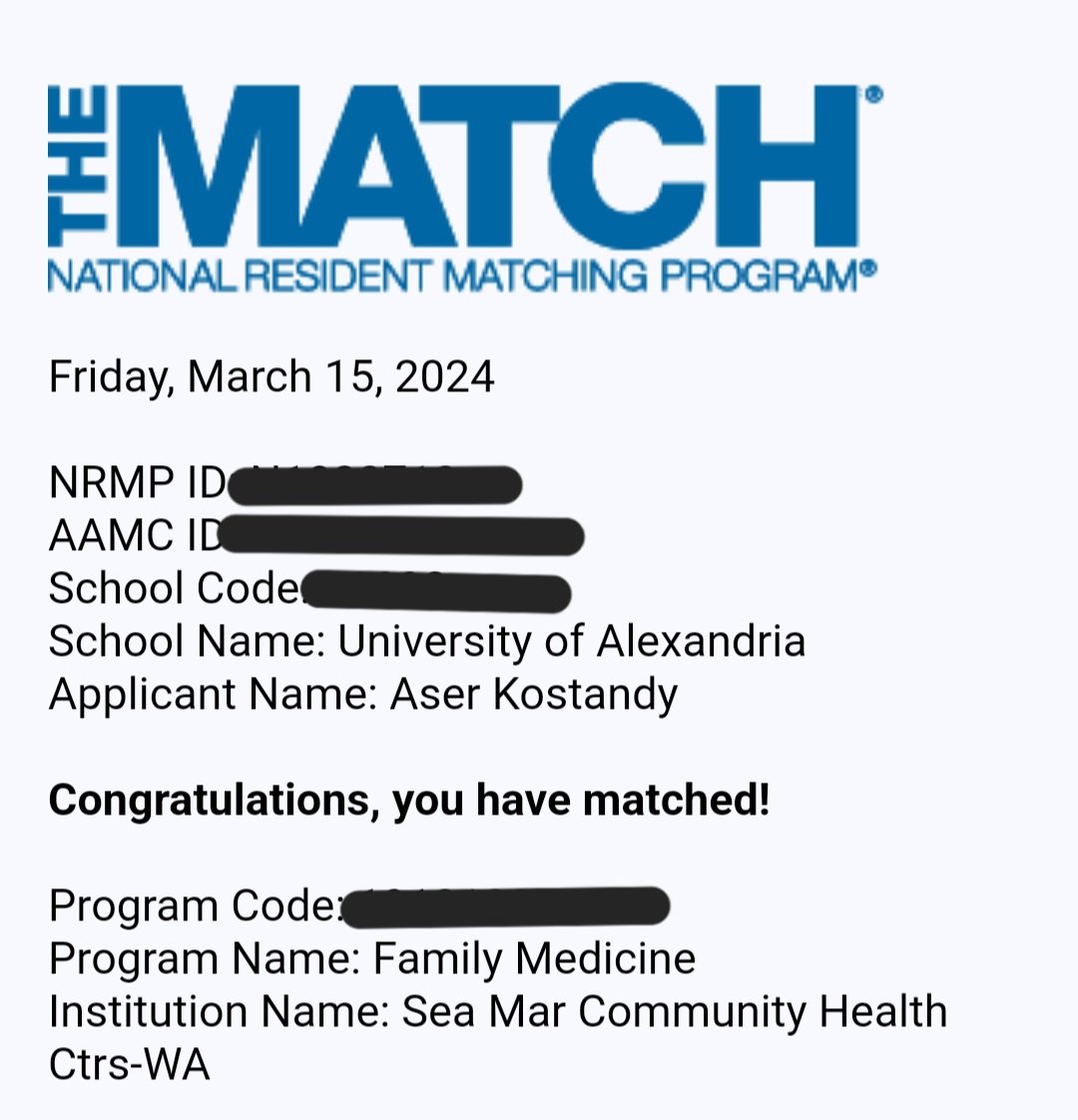aserosama94's tweet photo. I matched into my No. 1 choice and I feel grateful for this. So excited for the next chapter in my life.
#Match2024 #FamilyMedicine #SeaMar https://t.co/OZi8xlWP9j