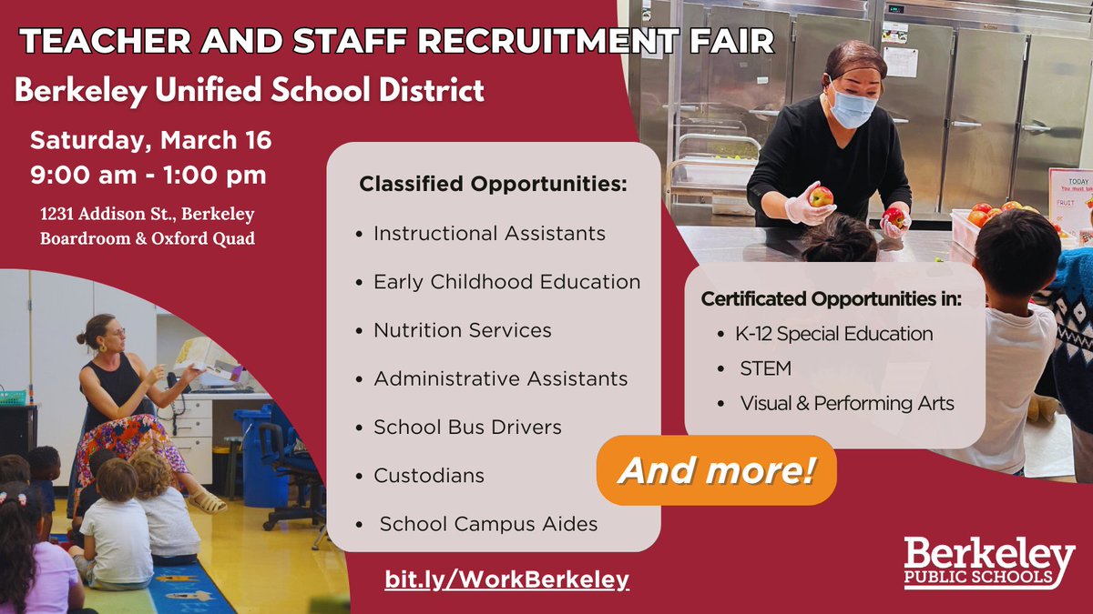 Join us tomorrow for the Saturday, March 16, Teacher & Staff Recruitment Fair. There are many exciting career opportunities within the District. Click the link to view current open positions. bit.ly/WorkBerkeley