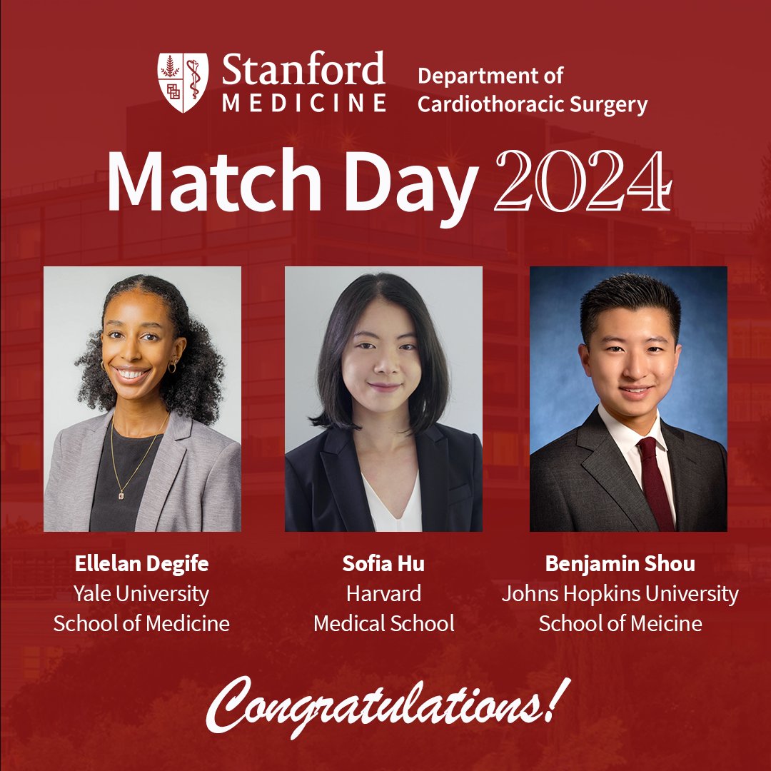 ✨Congratulations to our incoming I6 @StanfordCTSurg residents! 🎉 We’re excited to have three new interns join our program: Ellelan Degife from @YaleMed, Sofia Hu from @harvardmed, and Benjamin Shou from @HopkinsMedicine - welcome to the team!🌲#WeAreStanford #Match2024