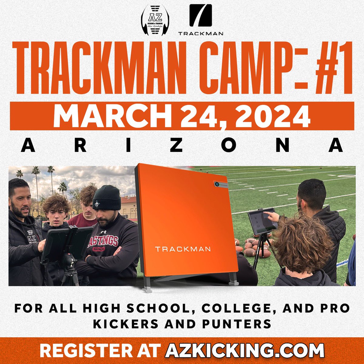 🚨CAMP UPDATE🚨 . Trackman Camp: #1 March 24, 2024 Phoenix, AZ . Kickers and Punters Only. (High School, College and Professional) . Register at AZKICKING.COM . *Texas camp will be rescheduled to April*