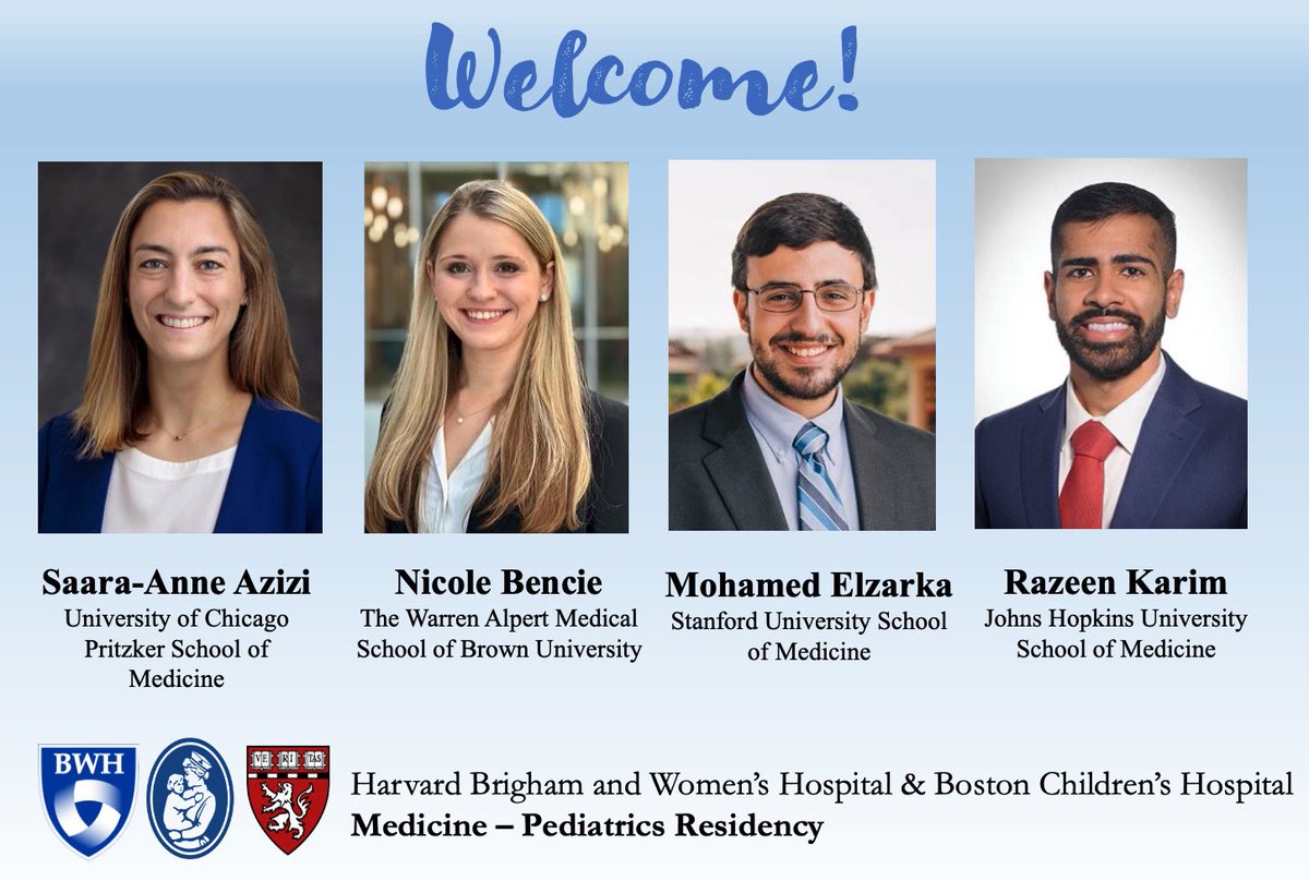 We are SO excited to welcome four ✨phenomenal✨ new interns to our #MedPeds family!

Please join us in celebrating our incoming colleagues: Saara-Anne, @NicoleBencie, @mohamedhelzarka, and Razeen! ❤️❤️

@BrighamMedRes @TheBCRP @BrighamWomens @BostonChildrens @The_BMC #MP4L