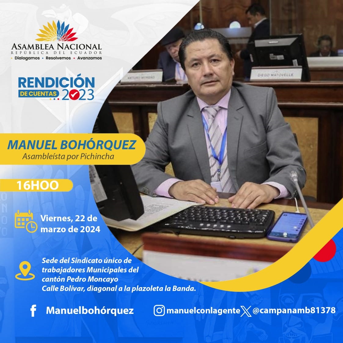 manuelboadn's tweet image. #ElNuevoEcuador se construye con transparencia e integridad.

!Te invito a ser parte de mi rendición de cuentas!

🕚 16h00
🗓️ Viernes 22 de marzo de 2024
📍Sede Sindicato Único de Trabajadores Municipales, cantón Pedro Moncayo.

¡Tu participación es importante!

#ManuelconlaGente