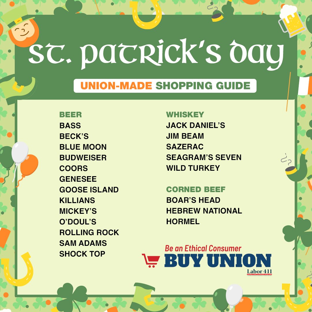 🍀 Here is a list of union-made items so that you can use your wallet to support good jobs on March 17th. If you’re feeling green this St. Patrick’s Day, use your green to patronize ethical brands. 🍀